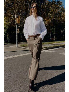 Zara Womens balloon Cargo Pants Medium Brown High-Waisted Cotton 9521/661 NWT